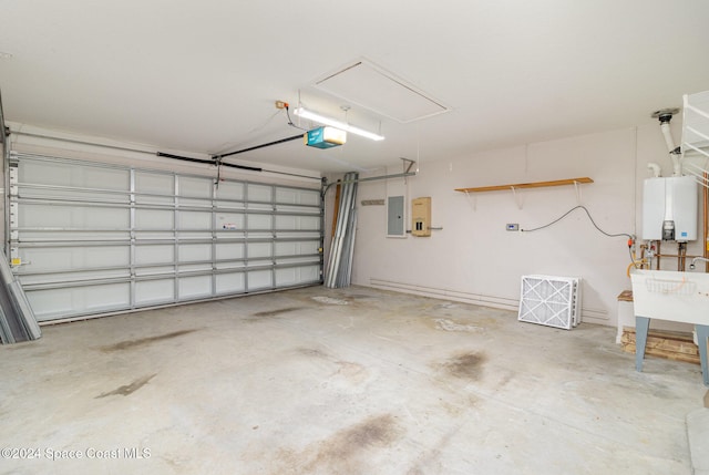 garage featuring a garage door opener, electric panel, and water heater