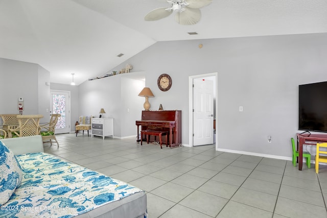 living room featuring high vaulted ceiling, tile patterned flooring, and ceiling fan