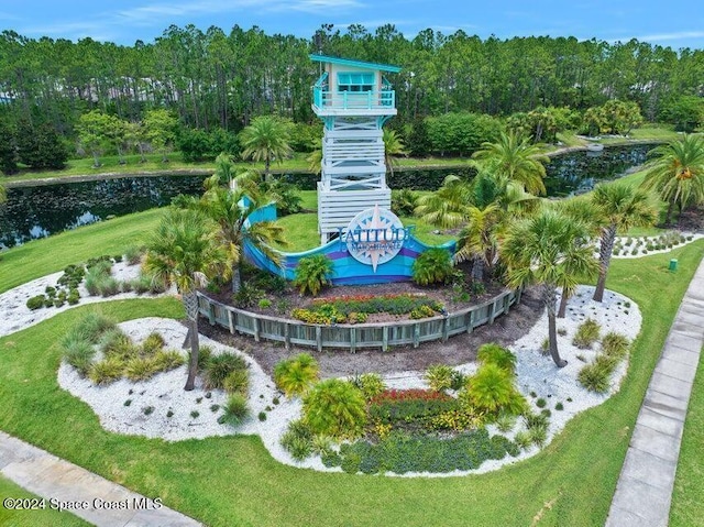 birds eye view of property featuring a water view