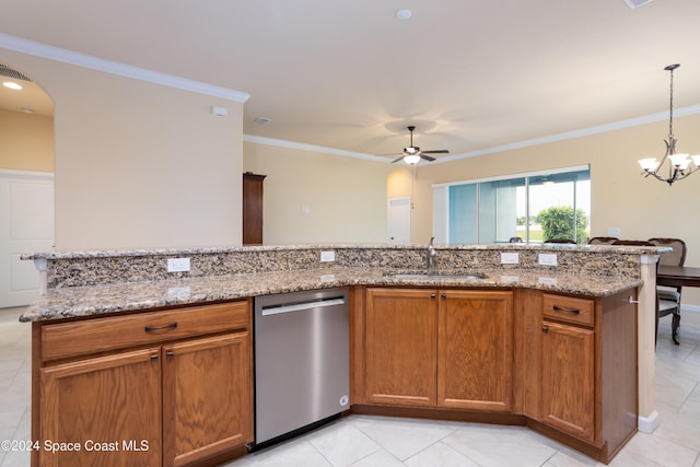 kitchen with dishwasher, a sink, light stone counters, ceiling fan with notable chandelier, and ornamental molding