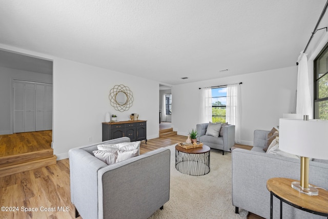 living room featuring light hardwood / wood-style floors and a textured ceiling