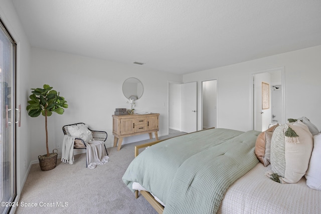 bedroom with connected bathroom and carpet floors