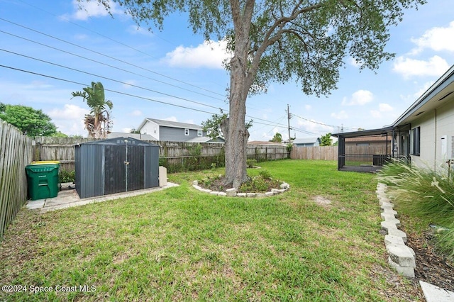 view of yard featuring a storage unit