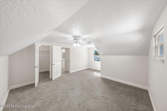 additional living space featuring a textured ceiling, carpet, and vaulted ceiling