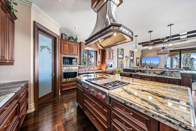 kitchen with appliances with stainless steel finishes, island exhaust hood, a healthy amount of sunlight, and dark hardwood / wood-style floors