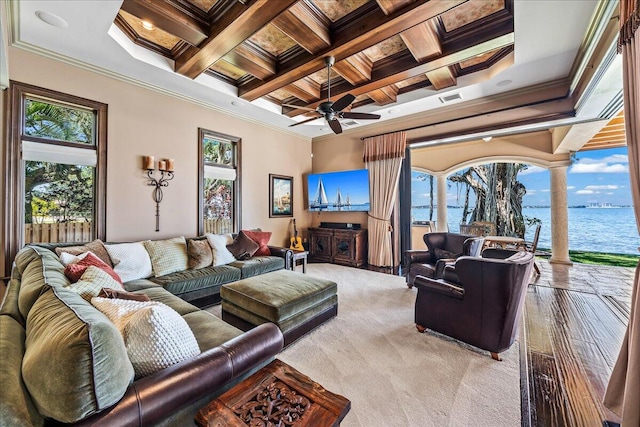 living room featuring beam ceiling, crown molding, coffered ceiling, and ceiling fan