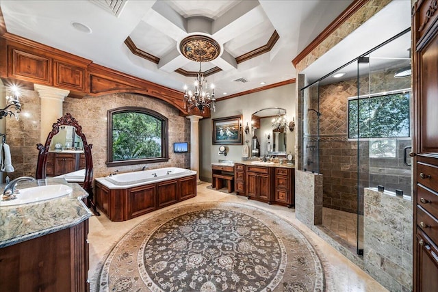 bathroom featuring decorative columns, vanity, crown molding, plus walk in shower, and coffered ceiling