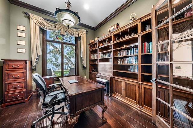 office area with crown molding and dark hardwood / wood-style floors