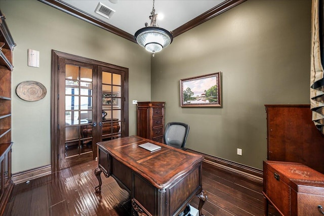 office featuring french doors, ornamental molding, and dark hardwood / wood-style flooring