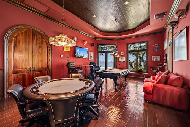 playroom with wood ceiling, a tray ceiling, pool table, and dark hardwood / wood-style floors