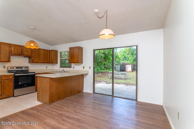 kitchen with a wealth of natural light, stainless steel electric range oven, light hardwood / wood-style flooring, and pendant lighting