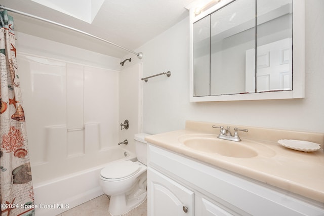 full bathroom with shower / bath combination with curtain, vanity, toilet, and tile patterned floors