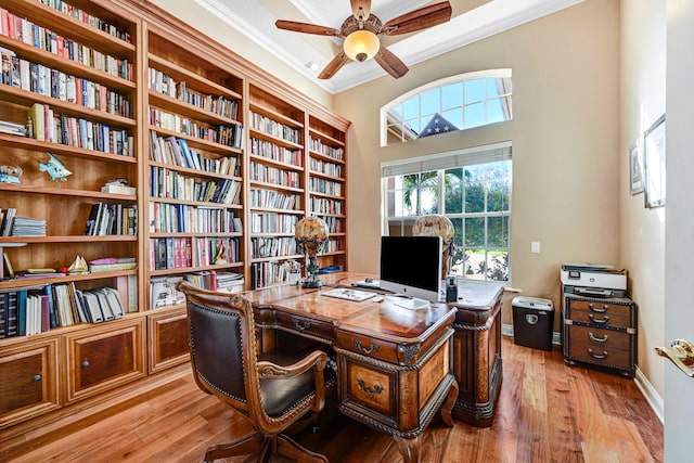 office space with ceiling fan, ornamental molding, and light hardwood / wood-style flooring