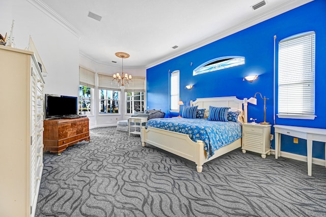 bedroom featuring crown molding, carpet, a notable chandelier, and visible vents