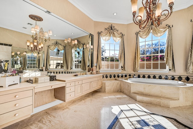 bathroom featuring vanity, crown molding, tiled tub, and a chandelier