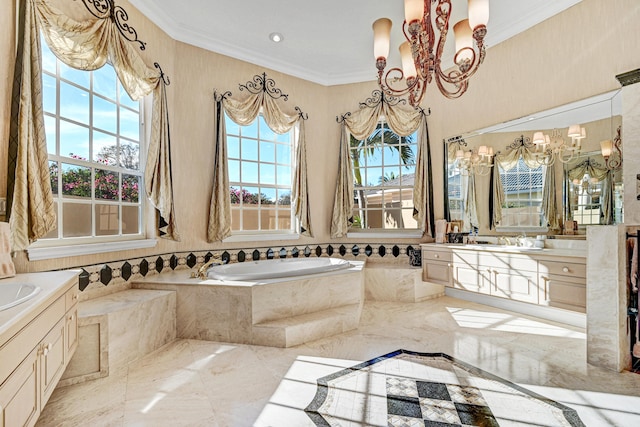 bathroom featuring vanity, a relaxing tiled tub, ornamental molding, and a chandelier