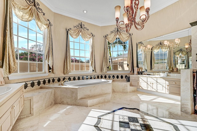 full bath featuring an inviting chandelier, ornamental molding, a bath, and vanity