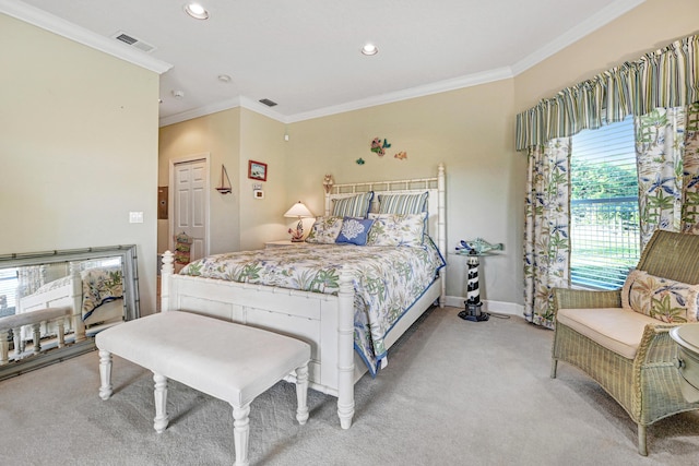 bedroom with light carpet, recessed lighting, baseboards, visible vents, and ornamental molding