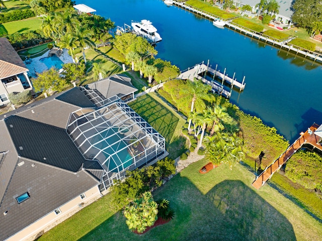 bird's eye view with a water view