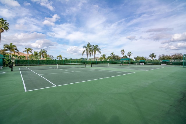 view of tennis court featuring fence