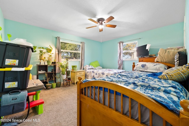 bedroom featuring ceiling fan, a textured ceiling, carpet, and multiple windows