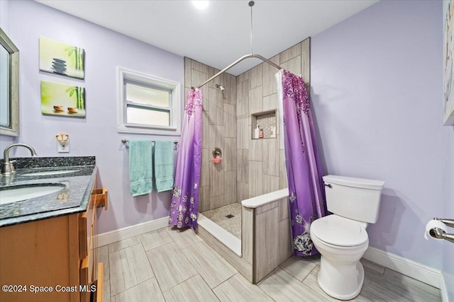 bathroom with toilet, vanity, and a shower with shower curtain