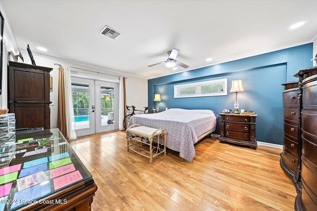 bedroom with ceiling fan, french doors, crown molding, light hardwood / wood-style floors, and access to outside