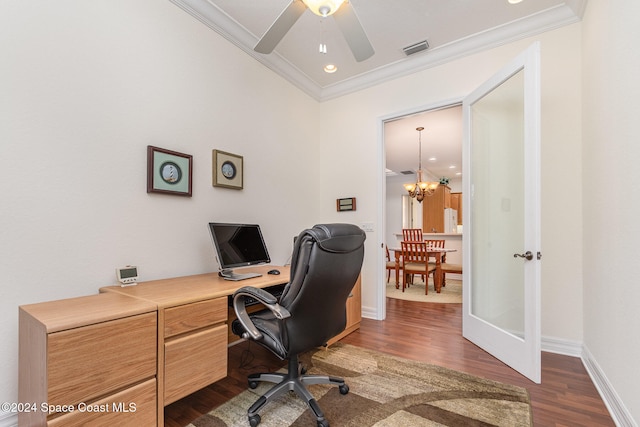 home office featuring ornamental molding, dark hardwood / wood-style floors, and ceiling fan with notable chandelier