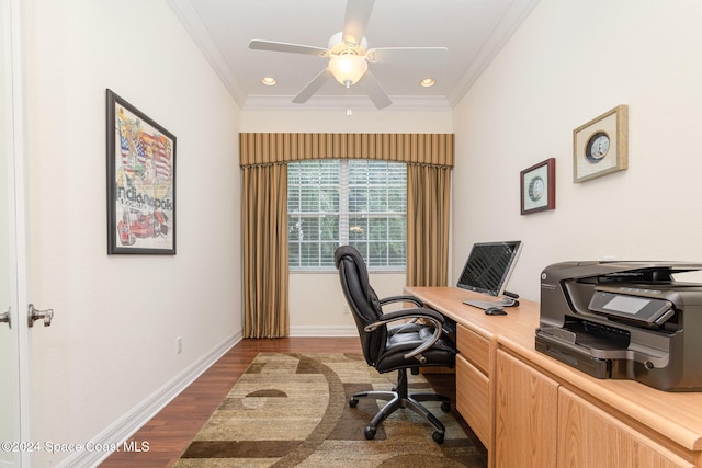 home office with ornamental molding, dark hardwood / wood-style floors, and ceiling fan