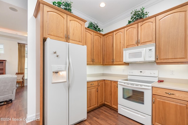 kitchen featuring ornamental molding, white appliances, and dark hardwood / wood-style flooring