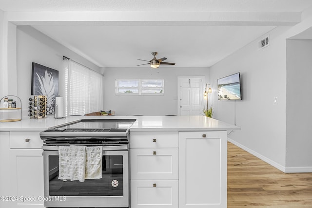 3524 S Atlantic Ave, Cocoa Beach, FL 32931 - kitchen with stainless steel range with electric stovetop, light wood finished floors, and white cabinets