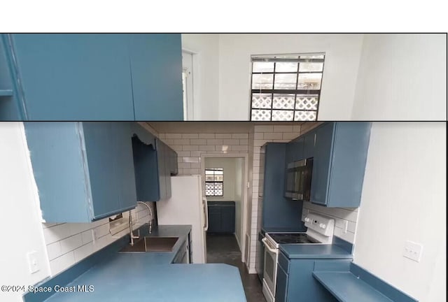 kitchen with backsplash, sink, white appliances, and blue cabinetry