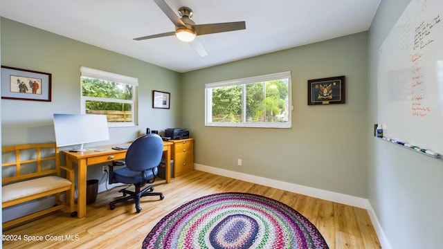 office space with light hardwood / wood-style flooring, a healthy amount of sunlight, and ceiling fan