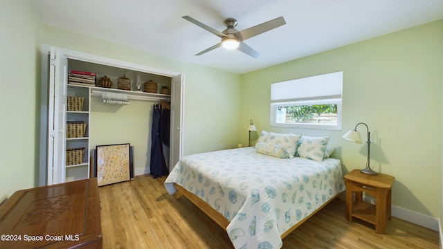 bedroom with wood-type flooring, ceiling fan, and a closet