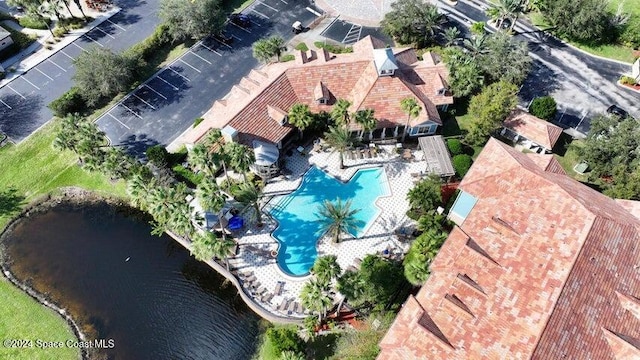 aerial view featuring a water view