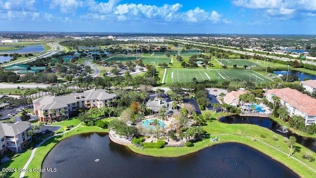 drone / aerial view featuring a water view