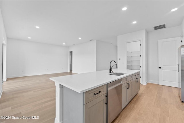 kitchen with light wood-type flooring, stainless steel appliances, a center island with sink, and sink