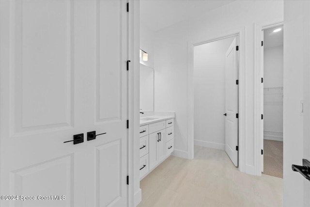 bathroom with vanity, baseboards, and a spacious closet