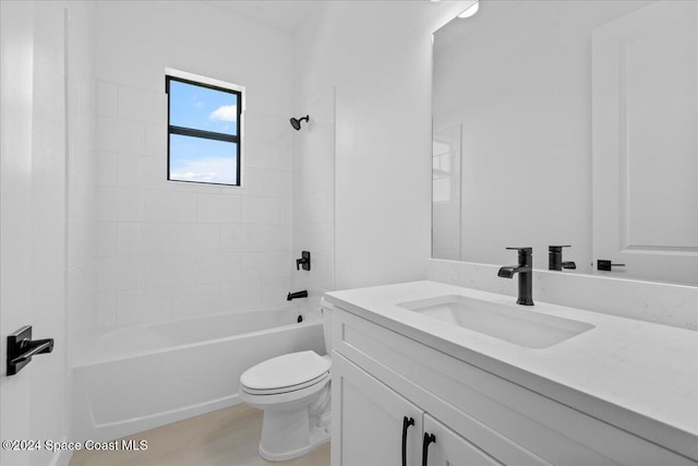 full bathroom with toilet, vanity, and bathing tub / shower combination