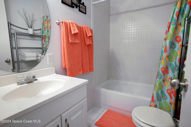 full bathroom featuring tile patterned floors, vanity, shower / tub combo, and toilet