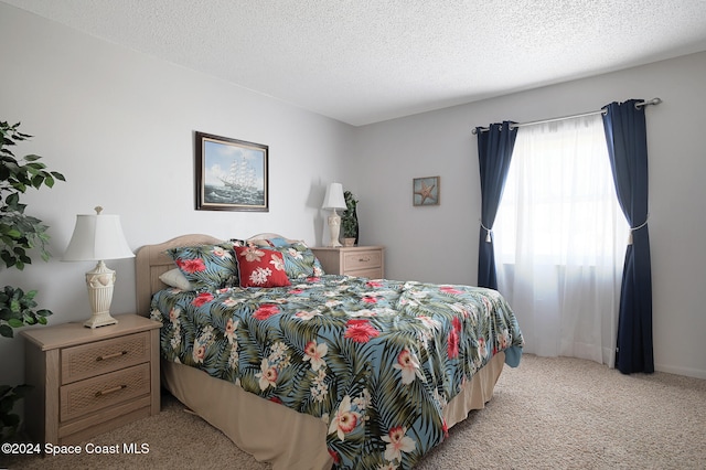 carpeted bedroom with a textured ceiling