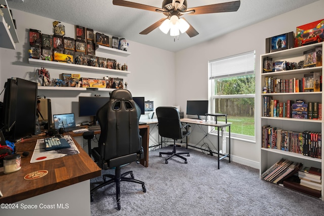 home office with ceiling fan, carpet, and a textured ceiling