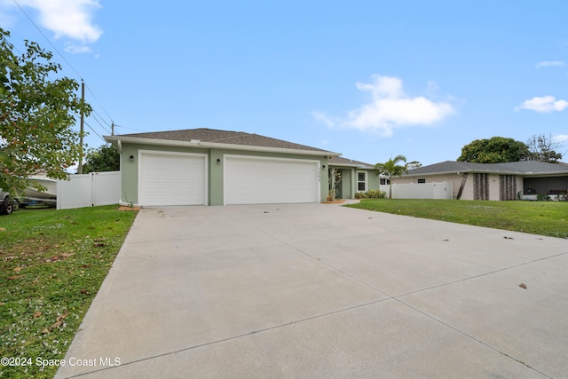 ranch-style home featuring a front yard and a garage