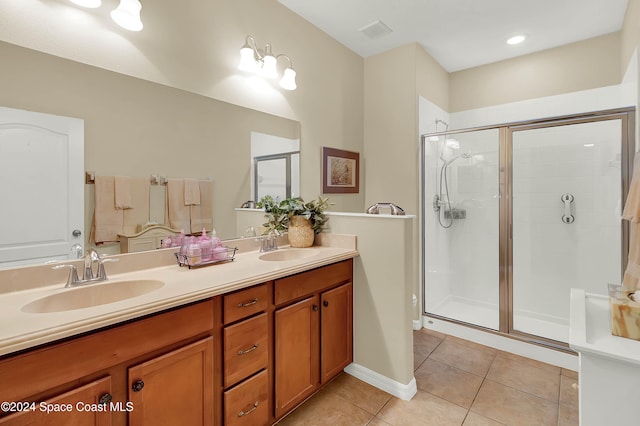 bathroom with tile patterned flooring, vanity, and a shower with shower door