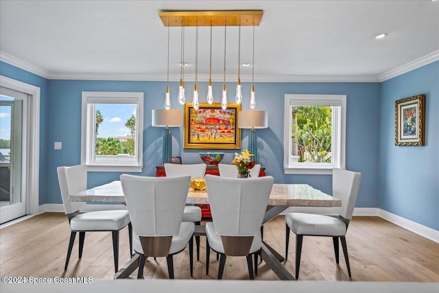 dining space featuring ornamental molding, a healthy amount of sunlight, and light hardwood / wood-style floors