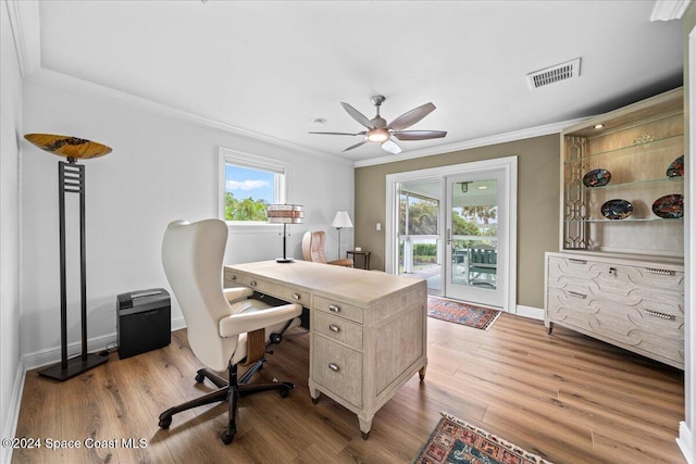 office area with ceiling fan, hardwood / wood-style floors, and crown molding