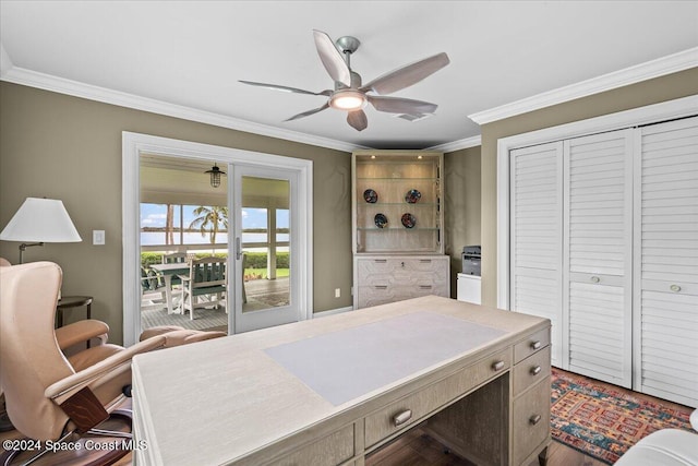 office area with hardwood / wood-style flooring, ceiling fan, and crown molding