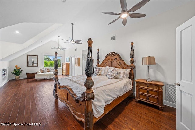 bedroom featuring vaulted ceiling, ceiling fan, and dark wood-type flooring