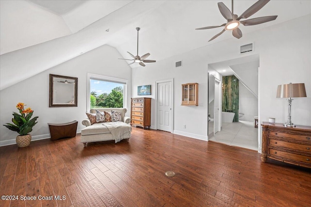 sitting room with vaulted ceiling, ceiling fan, and light hardwood / wood-style floors