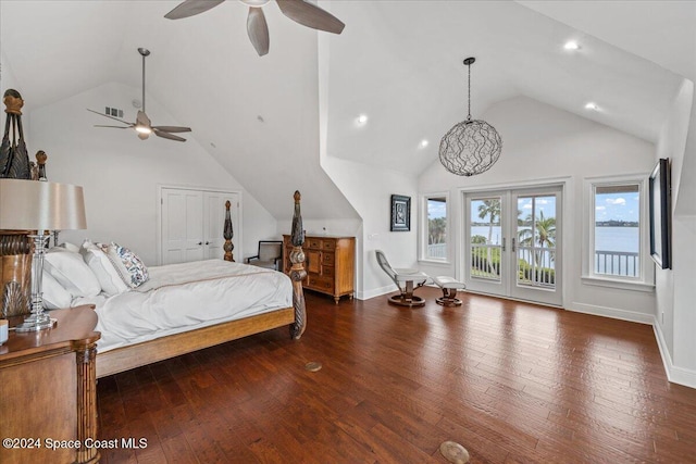 bedroom featuring ceiling fan, dark wood-type flooring, high vaulted ceiling, access to outside, and a closet